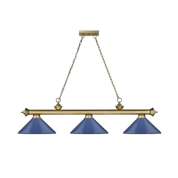 Cordon 3 Light Billiard, Rubbed Brass & Navy Blue